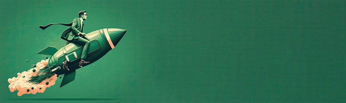 Człowiek siedzący na rakiecie na zielonym tle. 