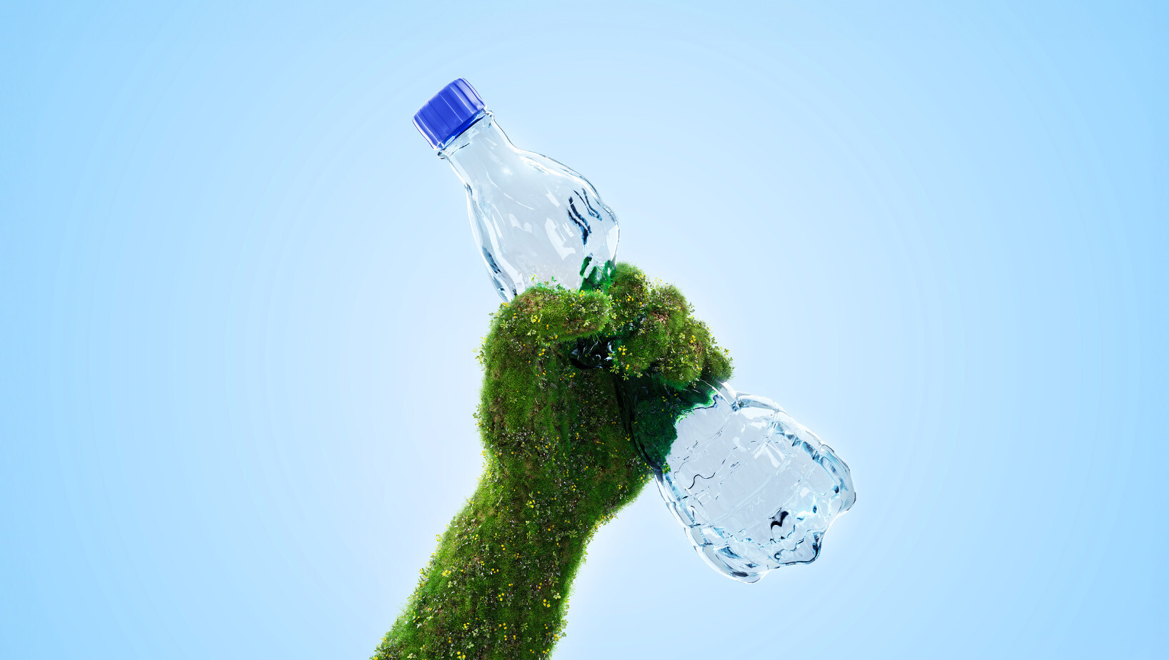 Grafika z plastikową butelką trzymaną przez zieloną rękę.