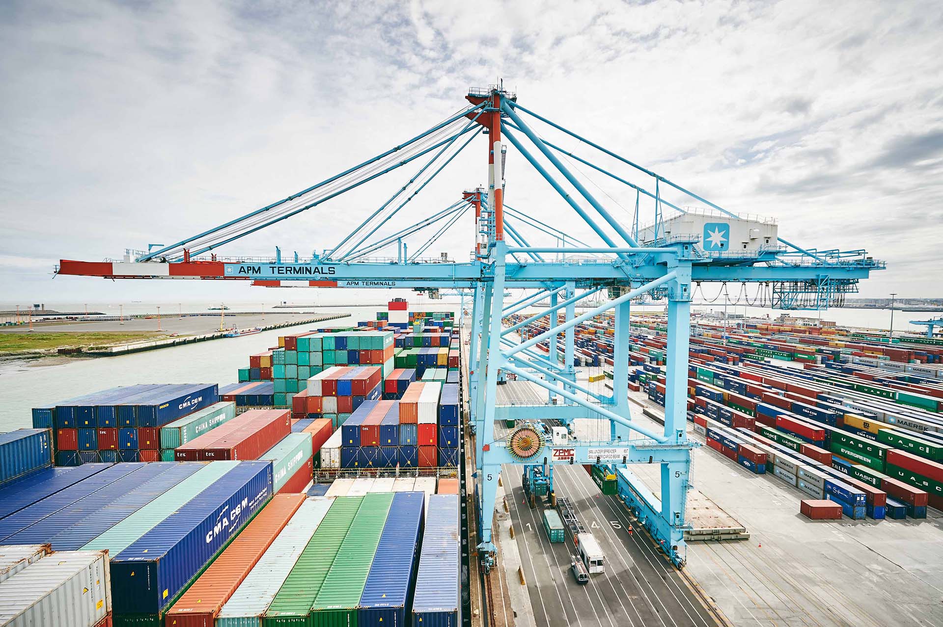 Widok na suwnice oraz kontenery w porcie