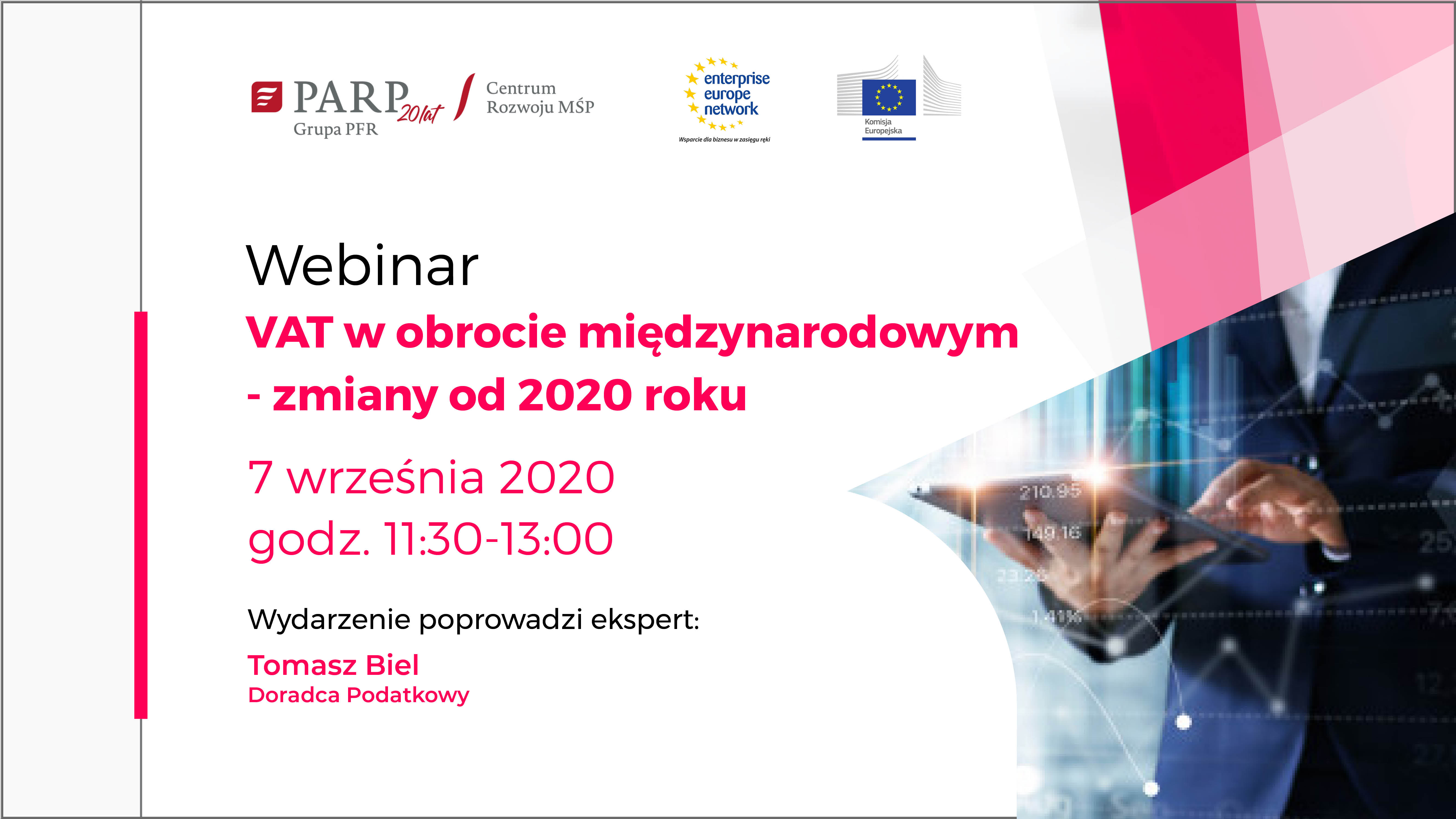 Grafika z informacjami dotyczącymi webinarium: VAT w obrocie międzynarodowym