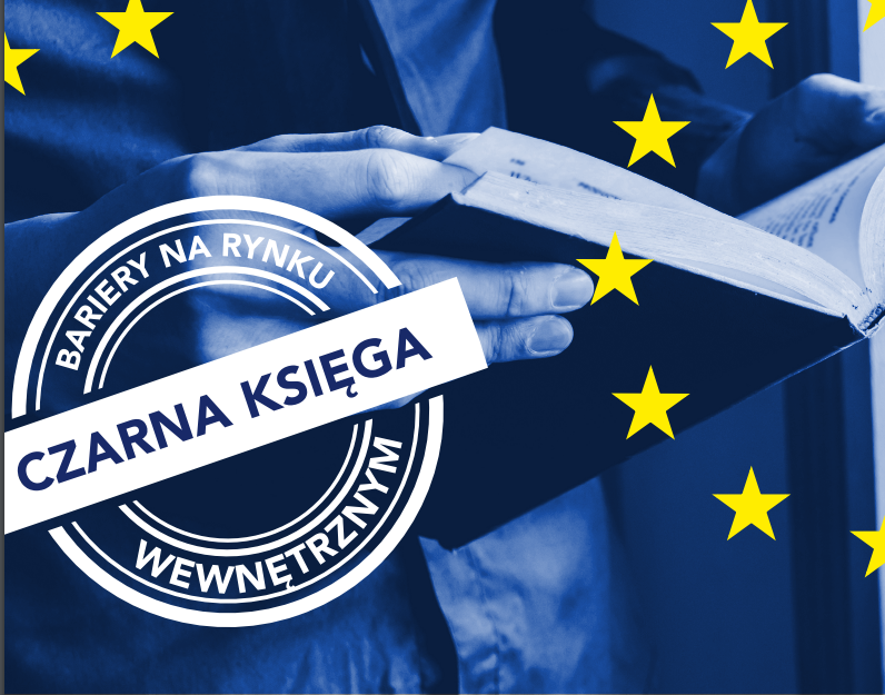 Na obraz dłoni męskich nałożono cyfrowo napis o treści "Czarna Księga. Bariery na rynku...