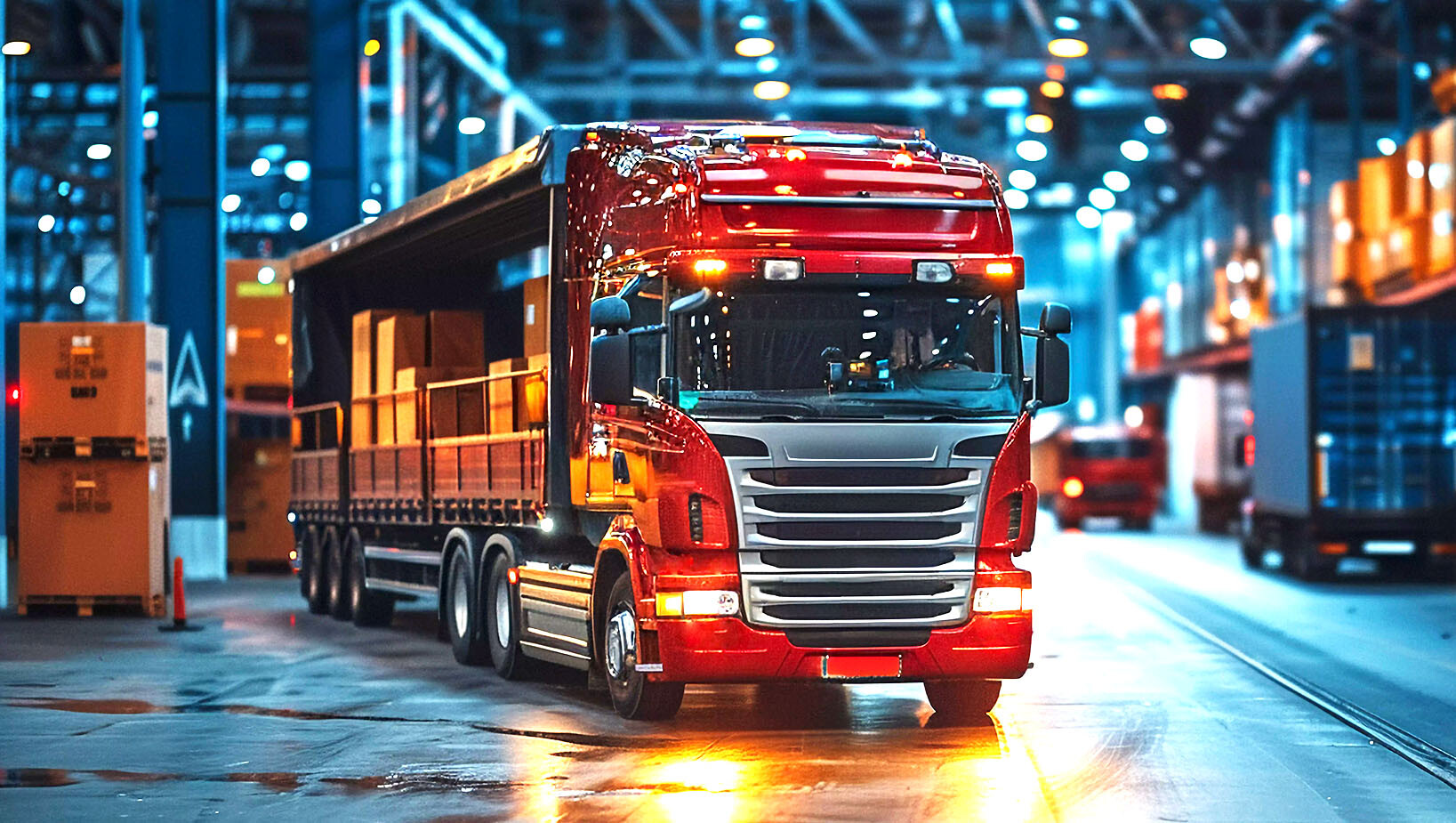 Czerwony tir w magazynie.